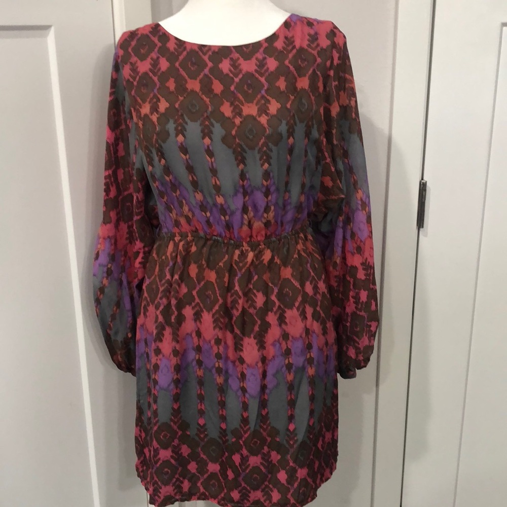 Charlie Jade Women’s 100% silk long sleeve, mini dress multicolor Size XS TP